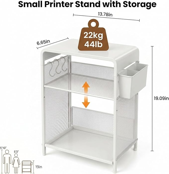 ECOLOVI 3 Tier Printer Stand for Under Desk, Height Adjustable Shelf Small Printer Table with 3 S-Hooks & Basket, Heavy Duty Industrial Storage Shelf for Home Office (White Metal)