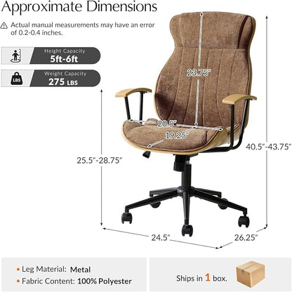 HULALA HOME Solid Wood Office Chair with Tilt Function, Mid Century Modern Bentwood Desk Chair with High Backrest, Height Adjustable Swivel Fabric Computer Task Chair, Camel