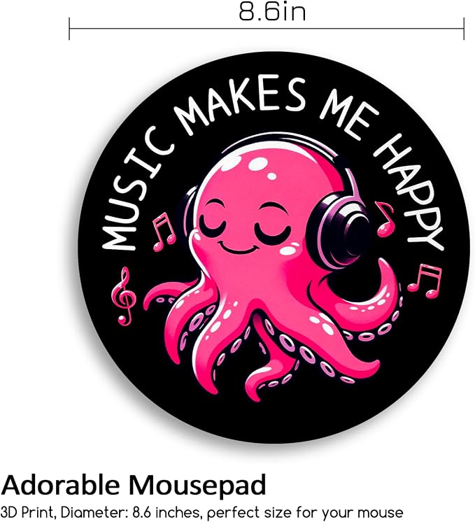 Music Octopus Mouse Pad, Small Round Black Mouse Pads for Desk, Mini Travel Mousepad for Work Wireless Computer Laptop, Office Desk Accessories, Music Makes Me Happy, 8.6 x 8.6 inch