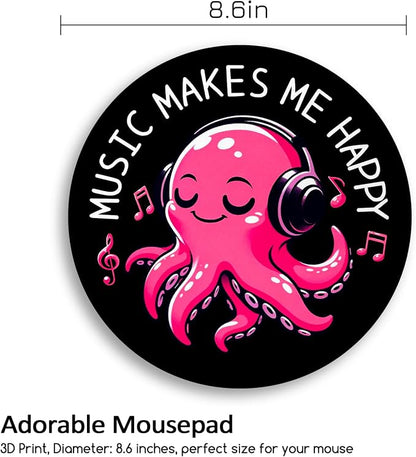 Music Octopus Mouse Pad, Small Round Black Mouse Pads for Desk, Mini Travel Mousepad for Work Wireless Computer Laptop, Office Desk Accessories, Music Makes Me Happy, 8.6 x 8.6 inch
