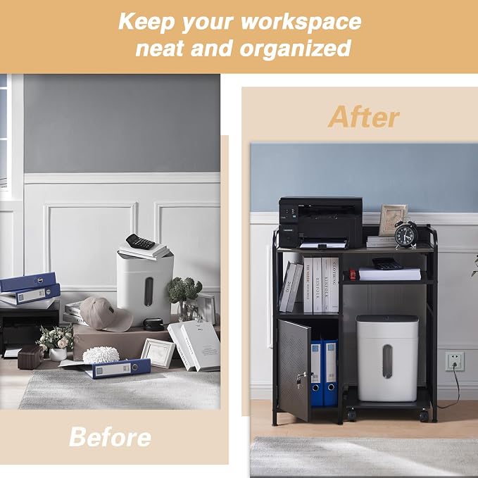 Lauren&Harold Large Printer Stand with Storage, Printer Cabinet with Paper Shredder Stand & PC Tower Stand with Wheels, Printer Table with Socket and USB Charging Port for Home Office