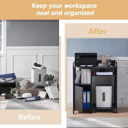 Lauren&Harold Large Printer Stand with Storage, Printer Cabinet with Paper Shredder Stand & PC Tower Stand with Wheels, Printer Table with Socket and USB Charging Port for Home Office