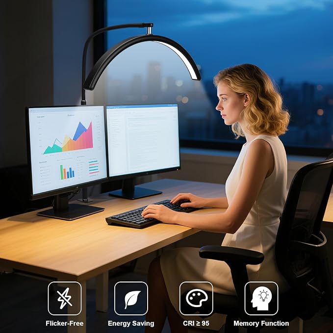 Professional Half Moon LED Desk Light for Nail Techs & Artists – Flexible Gooseneck Arch Table Lamp with Clamp, 5 Color Modes & 5 Brightness Levels for Manicure, Tattoo, Beauty Work