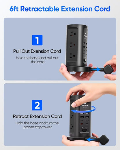 Power Strip Tower, kakyanill Surge Protector Tower 9 AC Outlets 8 USB (4 USB C), 6 Ft Retractable Extension Cord, Charging Station for Office Dorm Room, Black