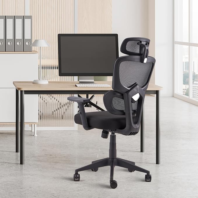 JOMEED High Upholstered Back Mesh Swivel Chair Adjustable Height Arm Rest Rolling Seating with Lumbar and Head Support for Homes or Offices, Black