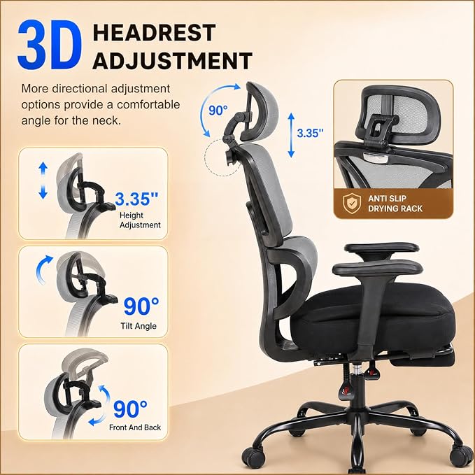 Ergonomic Office Chair with Footrest - High Back Mesh Computer Desk Chair | with Back Support, 135° Reclining, 4D Armrest & Headrest, 400lbs Thickened Seat Cushion, for Home Office, Work & Gaming