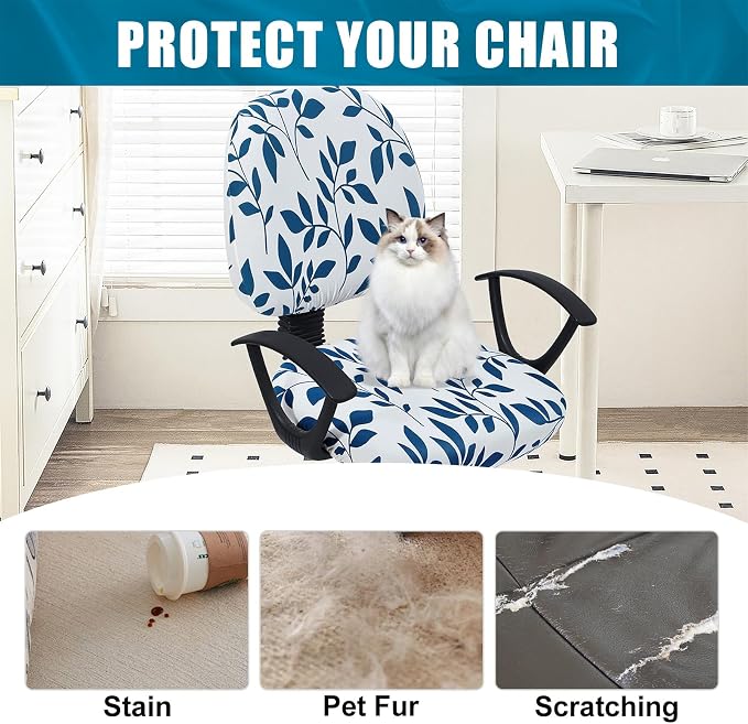 Smiry Stretch Printed Office Computer Chair Covers, Universal Washable Removable Desk Rotating Chair Slipcovers Protector, Seat + Backrest Cover - Teal and White