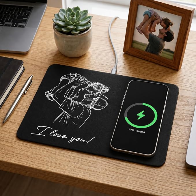 Dad Sketch Line Art Custom Photo Father's Day Birthday Gift for Dad, Husband - Personalized Charging Pad, Office Photo Charger Mat Gift for Husband, Personalized Dad Sketch Line Art Charging Pad
