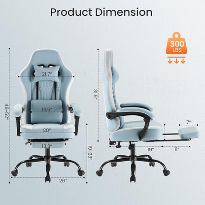 Sweetcrispy Video Game Chair: High Back Ergonomic Computer Desk Chair with Footrest & Lumbar Support, Height Adjustable with Linkage Armrests and Headrest, 360° Swivel Wheels, Blue