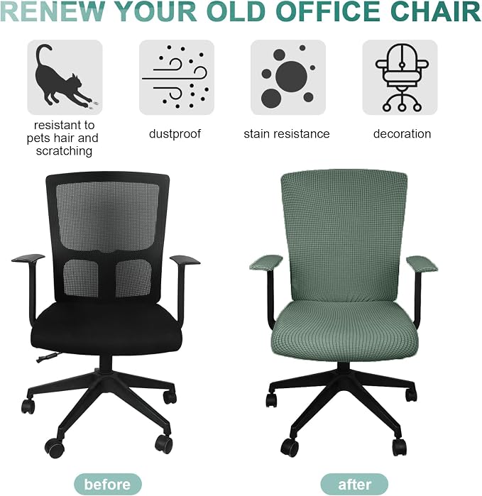 Tatuo 3 Pcs Computer Office Chair Cover Universal Rotating Chair Slipcovers Protector Removable Washable Office Armrest Covers with Zipper for High Back Seat Backrest(L,Waffle,Green)