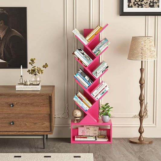 SHEEPAM 9 Tier Tree Bookshelf,Christmas Green Bookcase for Narrow Space, Storage Organizer Floor Standing Bookshelves for Books, Tall Book Case for Home Office, Living Room, Bedroom