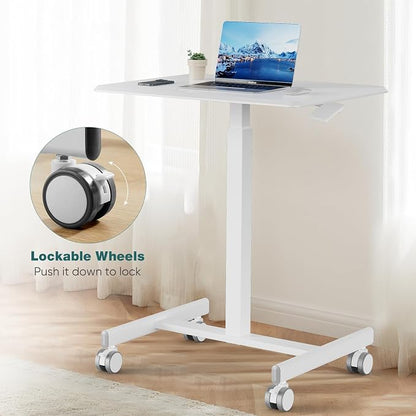 DUMOS Mobile Rolling Desk with Wheels Adjustable Height Small Standing Desks Portable Laptop PC Table Computer Workstation for Home Office Small Space White