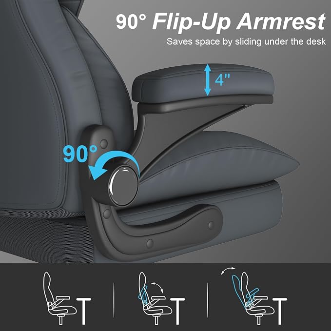 Office Chair, Home Desk Chair, Ergonomic Computer Chair with Lumbar Support, Executive Leather Chair with Flip-Up Armrests, Big and Tall Swivel Rolling Chair, Grey