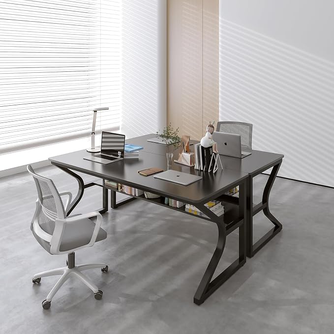 OSCHF Extra Long Desk with Bookshelf - 55" Double Long Writing Table for 2-Person Workstation, Modern Study Work Computer Desk for Home and Office, Black