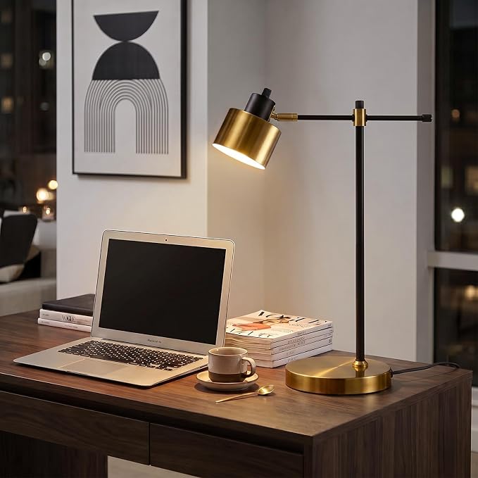 OYEARS 22.2" Modern Desk Lamp, Metal Table Lamp with LED Bulb, Adjustable Reading Lamps for Living Room, Mid Century Task Lamp for Home Office, Industrial Bedside Lamps with Solid Base,Black and Gold