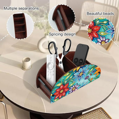 DIY Diamond Painting Storage Box Floral Design Multi-Compartment Wooden Organizer for TV AC Remotes, Makeup Brushes, Pens, Desktop Tabletop Craft Storage