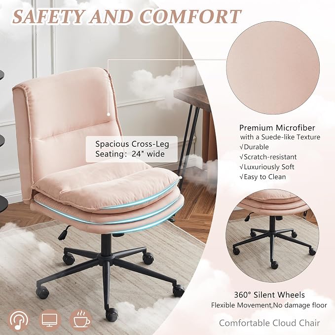 VINGLI Cloud Criss Cross Legged Chair,18" High Back Armless Home Office Desk Chair with Wheels,Wide Adjustable Comfy Padded Seat Task Computer Chair,Modern Swivel Makeup Vanity Chair,Microfiber,Pink