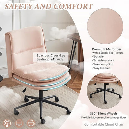 VINGLI Cloud Criss Cross Legged Chair,18" High Back Armless Home Office Desk Chair with Wheels,Wide Adjustable Comfy Padded Seat Task Computer Chair,Modern Swivel Makeup Vanity Chair,Microfiber,Pink