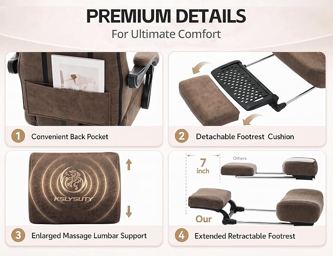 Office Desk Computer Gaming Chair for Adults, Ergonomic High Back Gamer Chair with Massage and Pocket Spring Cushion, Swivel Comfy Video Game Chairs with Footrest and Lumbar Support (Pro Brown)