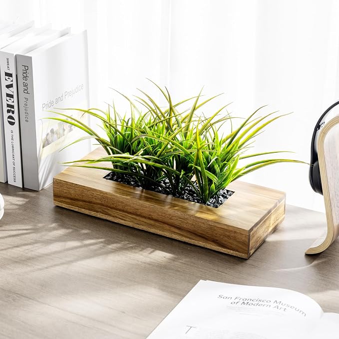 MyGift Large Artificial Green Grass Plants Potted in 14 Inch Premium Acacia Solid Wood Rectangular Planter Box, Decorative Tabletop Faux Greenery Centerpiece Décor