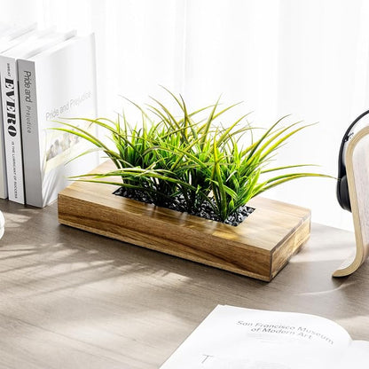 MyGift Large Artificial Green Grass Plants Potted in 14 Inch Premium Acacia Solid Wood Rectangular Planter Box, Decorative Tabletop Faux Greenery Centerpiece Décor
