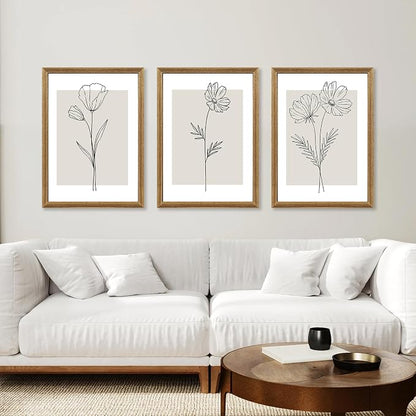 ICHZUMW Neutral Botanical Floral Wall Art, Black and White Farmhouse Flowers Wall Decor, Modern Minimalist Line Art Canvas Prints, Beige Artwork, Living Room Bedroom Home Office, Set of 3, 20x30in