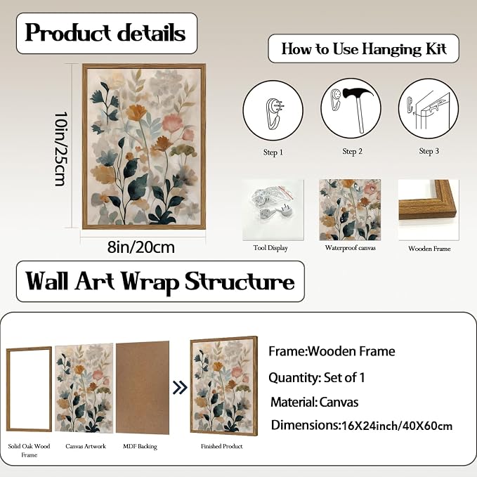 Framed Floral Bathroom Wall Art, Vintage Botanical Wall Decor Pictures, Watercolor Wildflower Canvas Prints Paintings Neutral Antique Flower Plant Home Decor for Living Room Bedroom 16x24 Inch