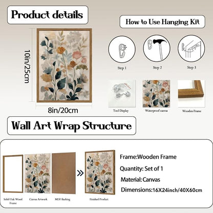 Framed Floral Bathroom Wall Art, Vintage Botanical Wall Decor Pictures, Watercolor Wildflower Canvas Prints Paintings Neutral Antique Flower Plant Home Decor for Living Room Bedroom 16x24 Inch
