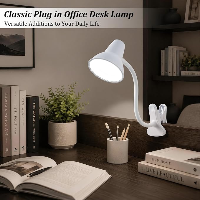 Clip On Led Desk Lamp, Flexible Gooseneck, Eye-Caring 4.5W Energy-Saving Study Lamps, Anti-tip Bedside Reading Light, Desk Lamps for College Dorm Room, Home Office, Modern Lamp with 1.6m Cord, White