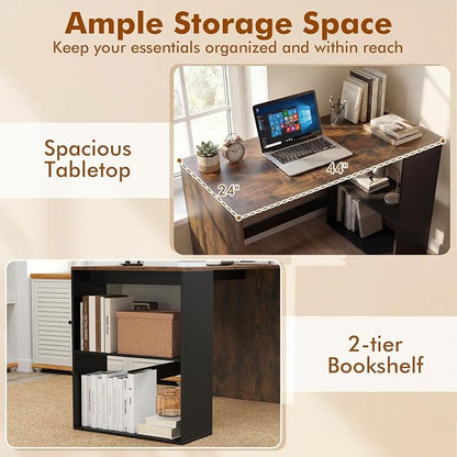 Tangkula Computer Desk, 44" Home Office Desk with 2-Tier Bookshelf, Study Writing Desk, Wooden Laptop Desk for Small Space, PC Workstation for Bedroom & Living Room (Rustic Brown & Black)