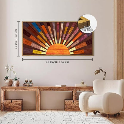 IARTTOP Extra Large Wood Sun Framed Wall Art 20x40 Inch Boho Sunrise 3D Geometric Wall Decor Mid century Sunshine Painting for Living room Bedroom Dining room Single