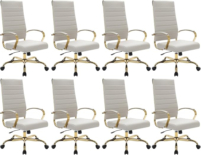 LeisureMod Modern High-Back Leather Office Chair - Swivel & Adjustable Executive Desk Chair with Gold Frame, Ergonomic Design for Home & Office (Tan, Set of 8)