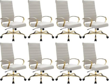 LeisureMod Modern High-Back Leather Office Chair - Swivel & Adjustable Executive Desk Chair with Gold Frame, Ergonomic Design for Home & Office (Tan, Set of 8)