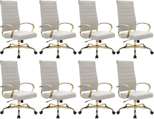 LeisureMod Modern High-Back Leather Office Chair - Swivel & Adjustable Executive Desk Chair with Gold Frame, Ergonomic Design for Home & Office (Tan, Set of 8)