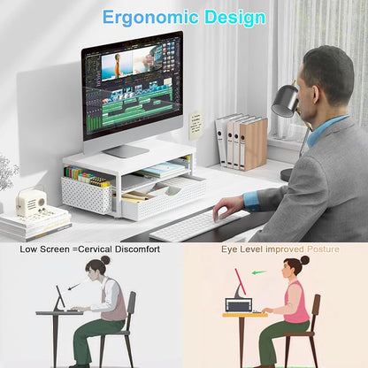 gianotter Desk Organizers and Accessories, Monitor Stand with Drawer and 2 Pen Holder, Desktop Organizer Suitable for Offices and Dormitories (White-Plain)