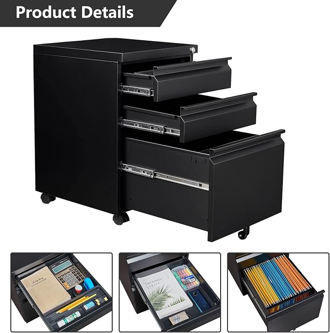 Mobile File Cabinet with Lock, 3 Drawer File Cabinet for Home Office, Rolling File Cabinet, Under Desk Locking Filing Cabinet on Wheels for Legal/Letter/A4 File, Fully Assembled, Black