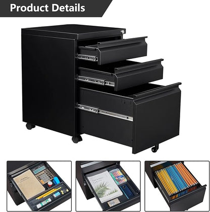 Mobile File Cabinet with Lock, 3 Drawer File Cabinet for Home Office, Rolling File Cabinet, Under Desk Locking Filing Cabinet on Wheels for Legal/Letter/A4 File, Fully Assembled, Black