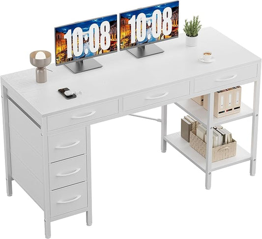 Sweetcrispy 55" Computer Desk with 6 Drawers, Home Office Gaming Desks with Storage Shelves for Bedroom, Writing Study Corner Living Room Work Table White