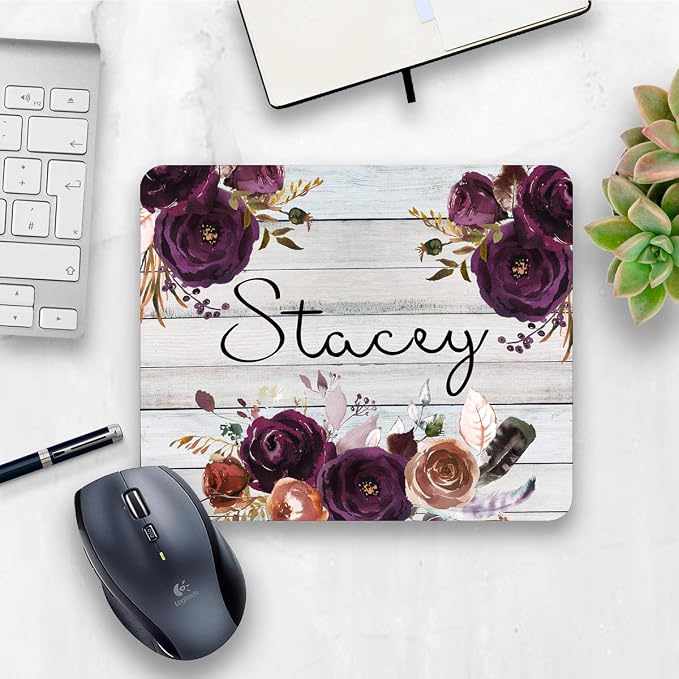 Personalized purple rustic floral mouse pad, floral rose home or office decor desk accessory gift for co-worker appreciation