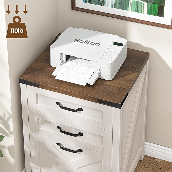 Halitaa 3 Drawer Small File Cabinet, Farmhouse Vertical Filing Cabinet Fits Letter and A4 Size, Under Desk Wooden File Cabinets for Home Office, Printer Stand, Rustic White and Brown