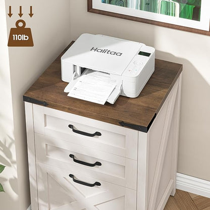 Halitaa 3 Drawer Small File Cabinet, Farmhouse Vertical Filing Cabinet Fits Letter and A4 Size, Under Desk Wooden File Cabinets for Home Office, Printer Stand, Rustic White and Brown