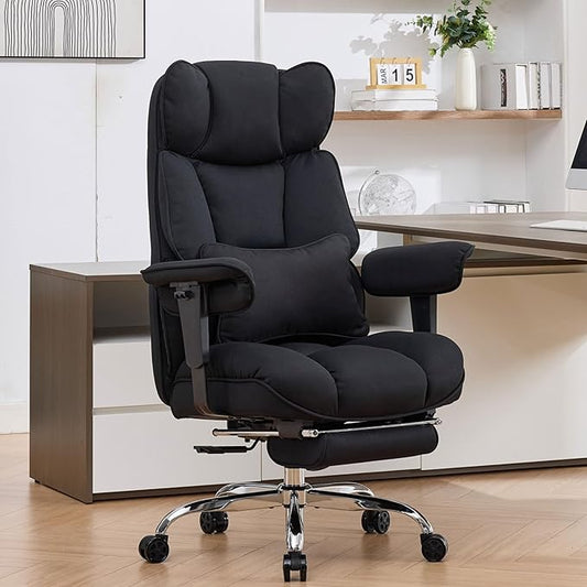 Efomao Executive Office Chair, Mesh Black Fabric Big and Tall Desk Chair | Breathable fabric, pocket spring & foam seat, retractable footrest, 135° recline for computer gaming setup