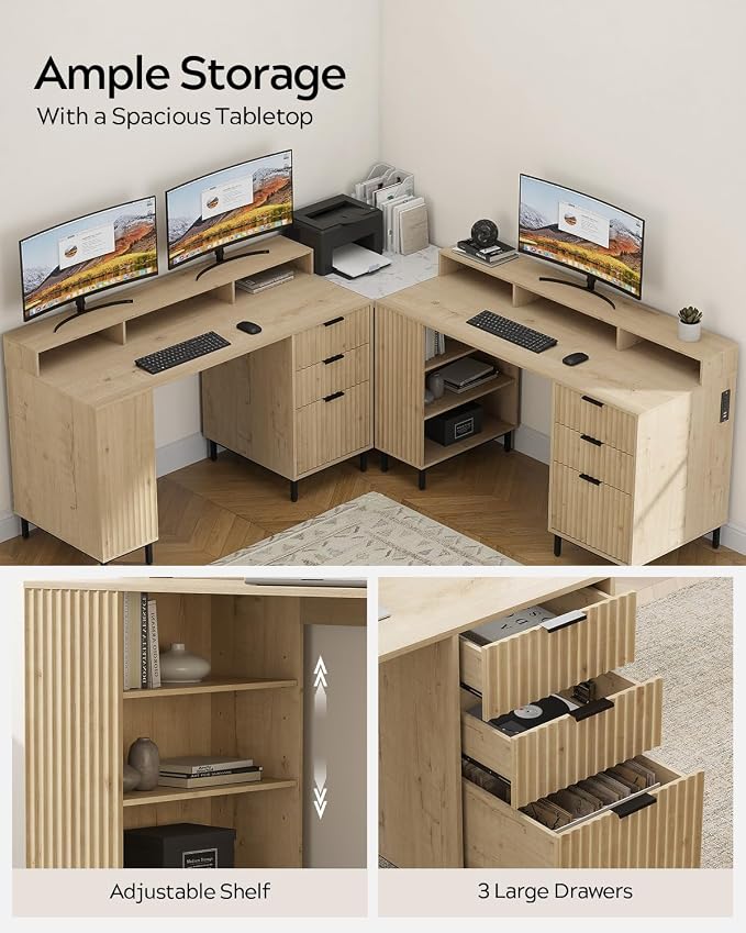 EYYTHUNG 55" Fluted Executive Desk with Charging Station, Modern Wood Home Office Desk with with Storage Shelf & File Drawer, Writing Study Computer Table for Work Study, Light Oak