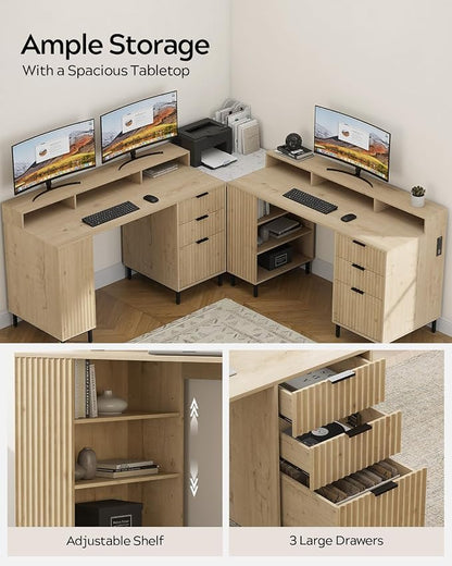 EYYTHUNG 55" Fluted Executive Desk with Charging Station, Modern Wood Home Office Desk with with Storage Shelf & File Drawer, Writing Study Computer Table for Work Study, Light Oak