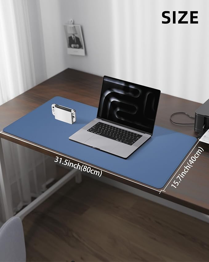 Leather Desk Pad Protector, Mouse Pad, Office Desk Mat, Non-Slip PU Leather Desk Blotter, Laptop Desk Pad, Waterproof Desk Writing Pad for Office and Home (Grey Blue, 31.5" x 15.7")