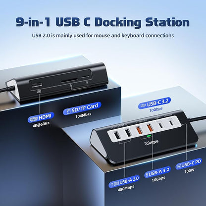 intpw USB C Hub, P9 PRO USB C Hub Multiport Adapter with 4K HDMI, PD 100W, Type-C & 2 USB A 3.2 10Gbps, 2 USB A 2.0, SD/TF Card Reader, Aluminum USB Hub for Laptop, iPhone 17 Series, MacBook, iPad