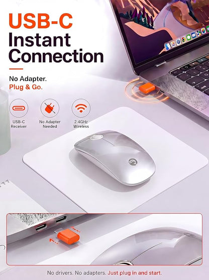 RAPIQUE USB C Wireless Mouse for MacBook Air/Pro, Silvery Slim Mouse, Silent Click, 3-Speed DPI, 480 Hours Battery Life, Portable 2.4GHz Type C Wireless Mouse for USB-C Devices, Laptops, Mac, macOS