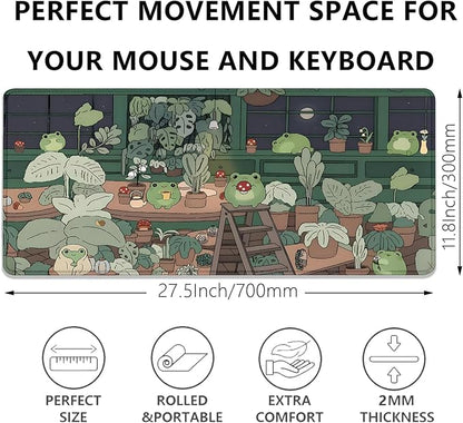Cute Frog Desk Mat Mouse Pad,Cartoon Frog Desk Pad,Kawaii Green Desk Decor,Desk Mat for Frog Desktop,Stitched Edges Non-Slip Waterproof Rubber Base Mous Mat for Office Home Work Gaming(27.5X11.8 in)