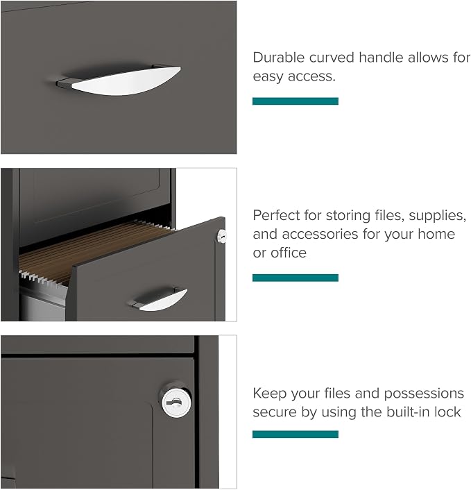 Space Solutions - 2 Drawer Fully Assembled Vertical Steel File Cabinet, Home & Small Office Use, Fits Under Most Desks, Letter-Size, Lock, Mobile, Metallic Charcoal