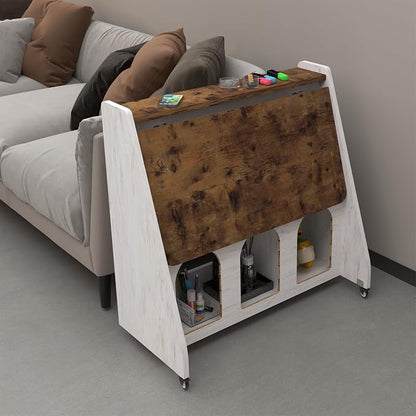 Pmnianhua Farmhouse Portable Desk on Wheels,Mobile Workstation,Rolling Computer Desk with Wheels and Storage for Home Office Small Space(Rustic Brown)